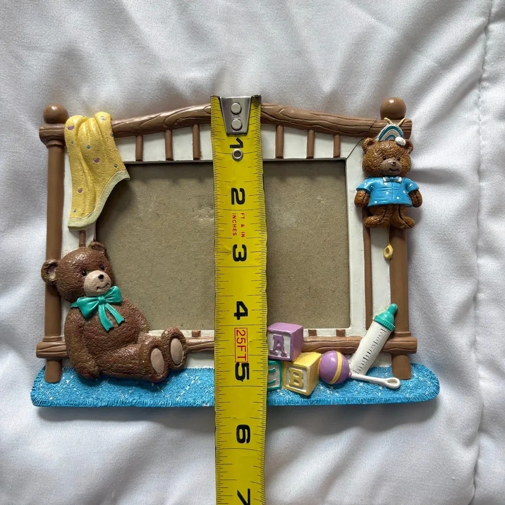 Vintage 90s Teddy Bear Baby Crib 3D Picture Frame Blue Brown Nursery
